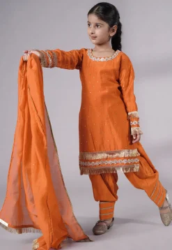 Embellished Chanderi Silk Punjabi Suit in Orange