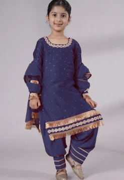 Embellished Chanderi Silk Punjabi Suit in Navy Blue