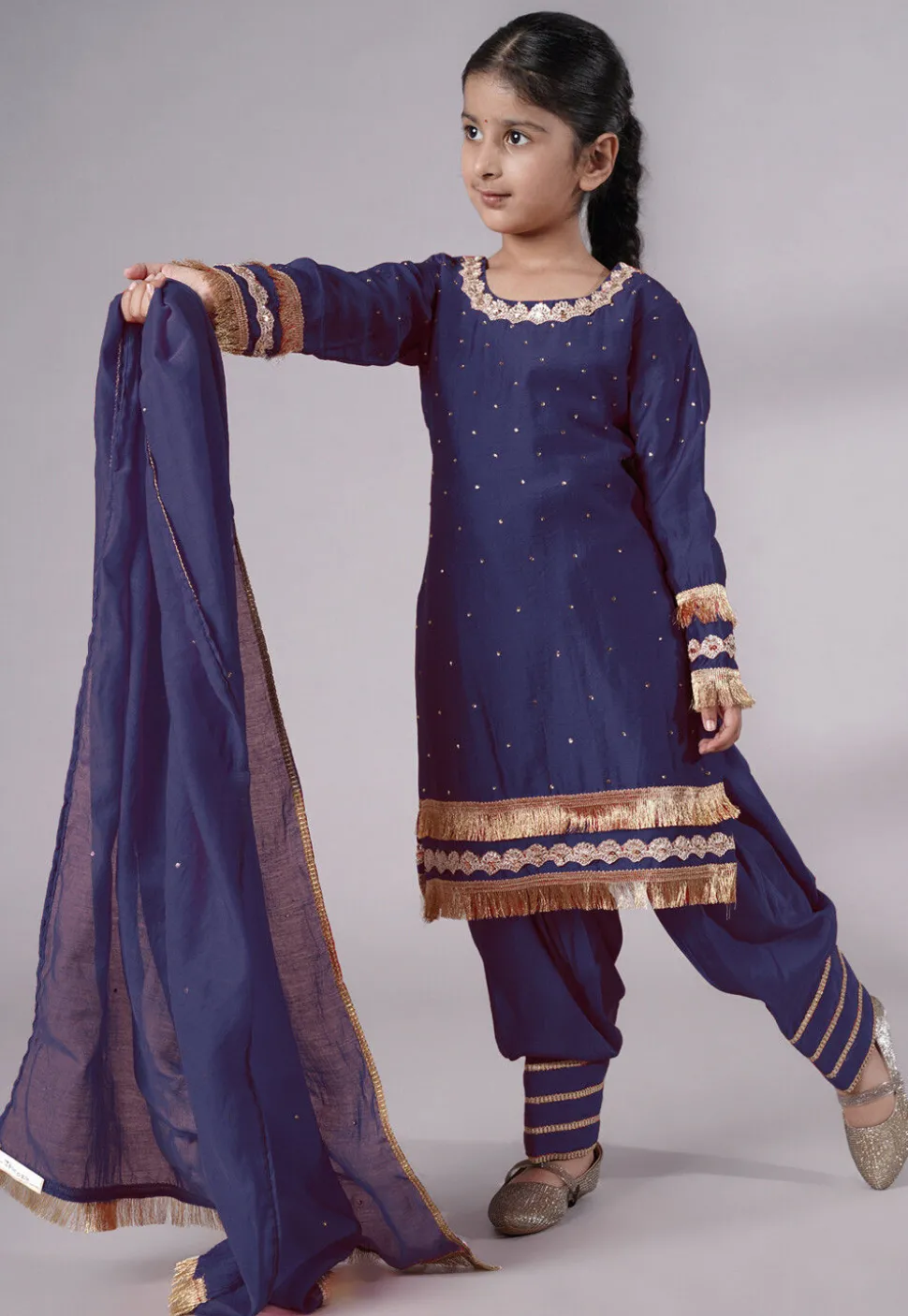 Embellished Chanderi Silk Punjabi Suit in Navy Blue