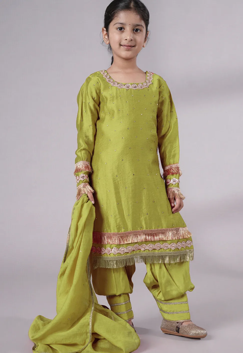Embellished Chanderi Silk Punjabi Suit in Olive Green