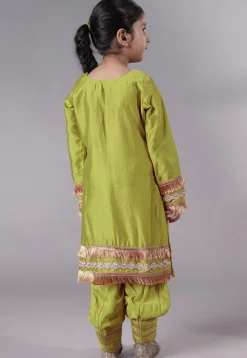 Embellished Chanderi Silk Punjabi Suit in Olive Green