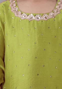 Embellished Chanderi Silk Punjabi Suit in Olive Green