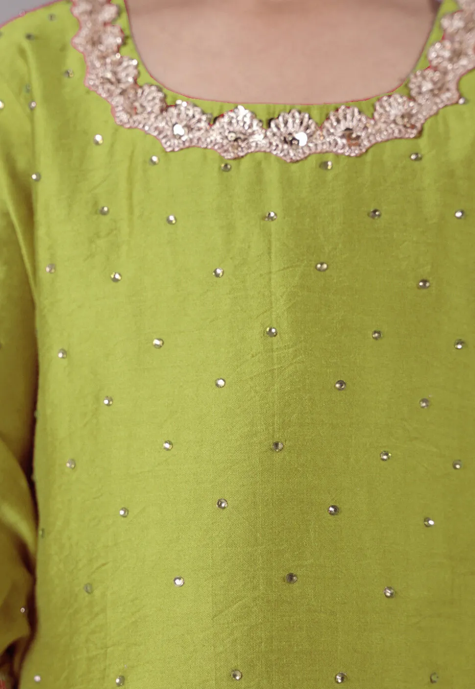 Embellished Chanderi Silk Punjabi Suit in Olive Green
