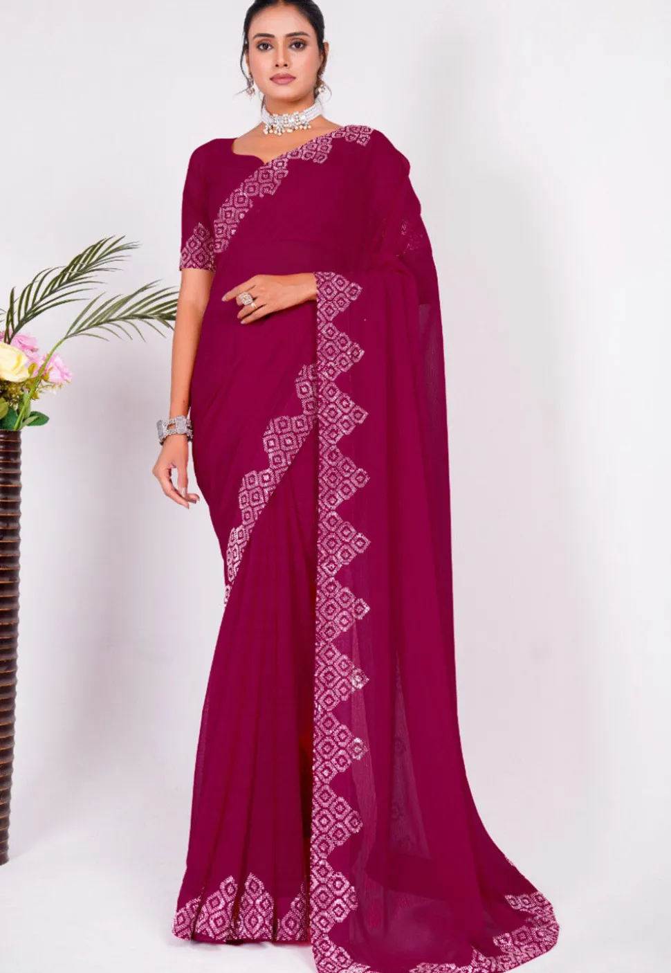 Embellished Chiffon Saree in Fuchsia