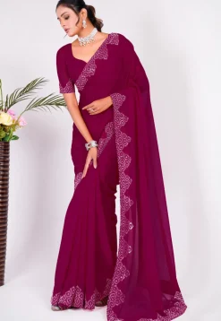 Embellished Chiffon Saree in Fuchsia