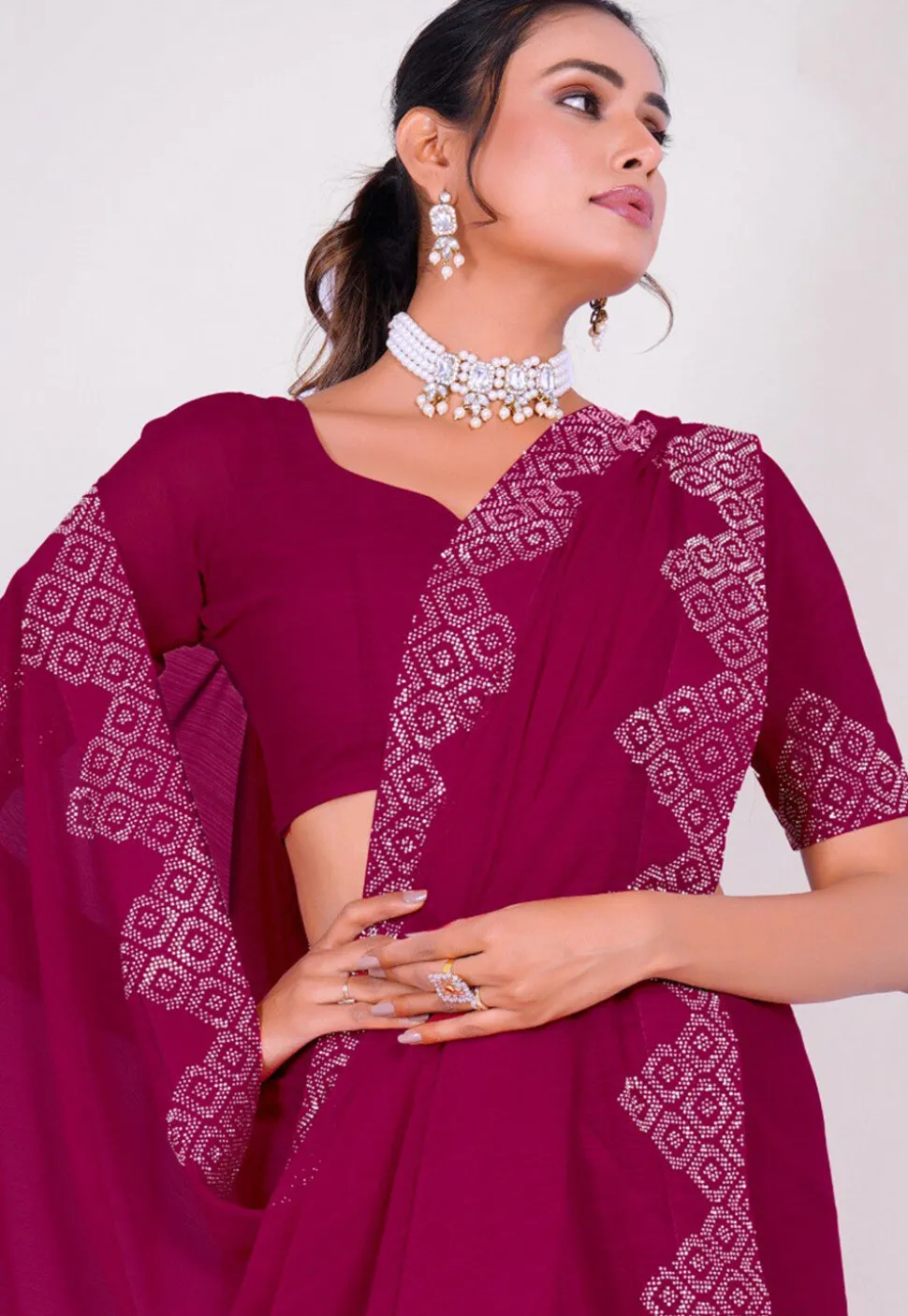 Embellished Chiffon Saree in Fuchsia