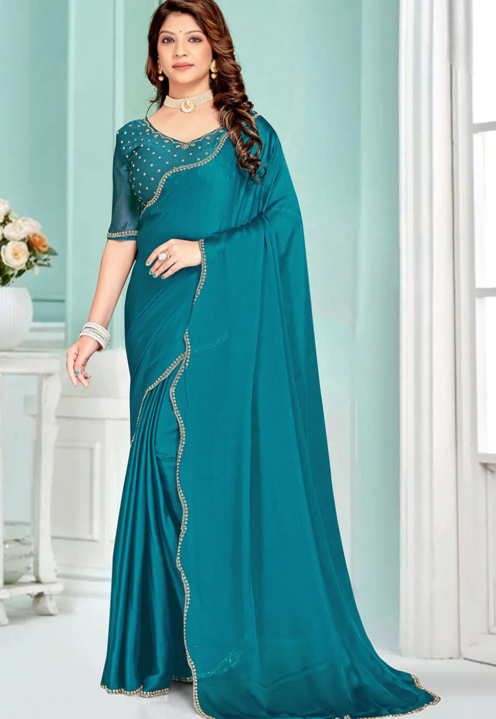Embellished Chiffon Saree in Teal Blue