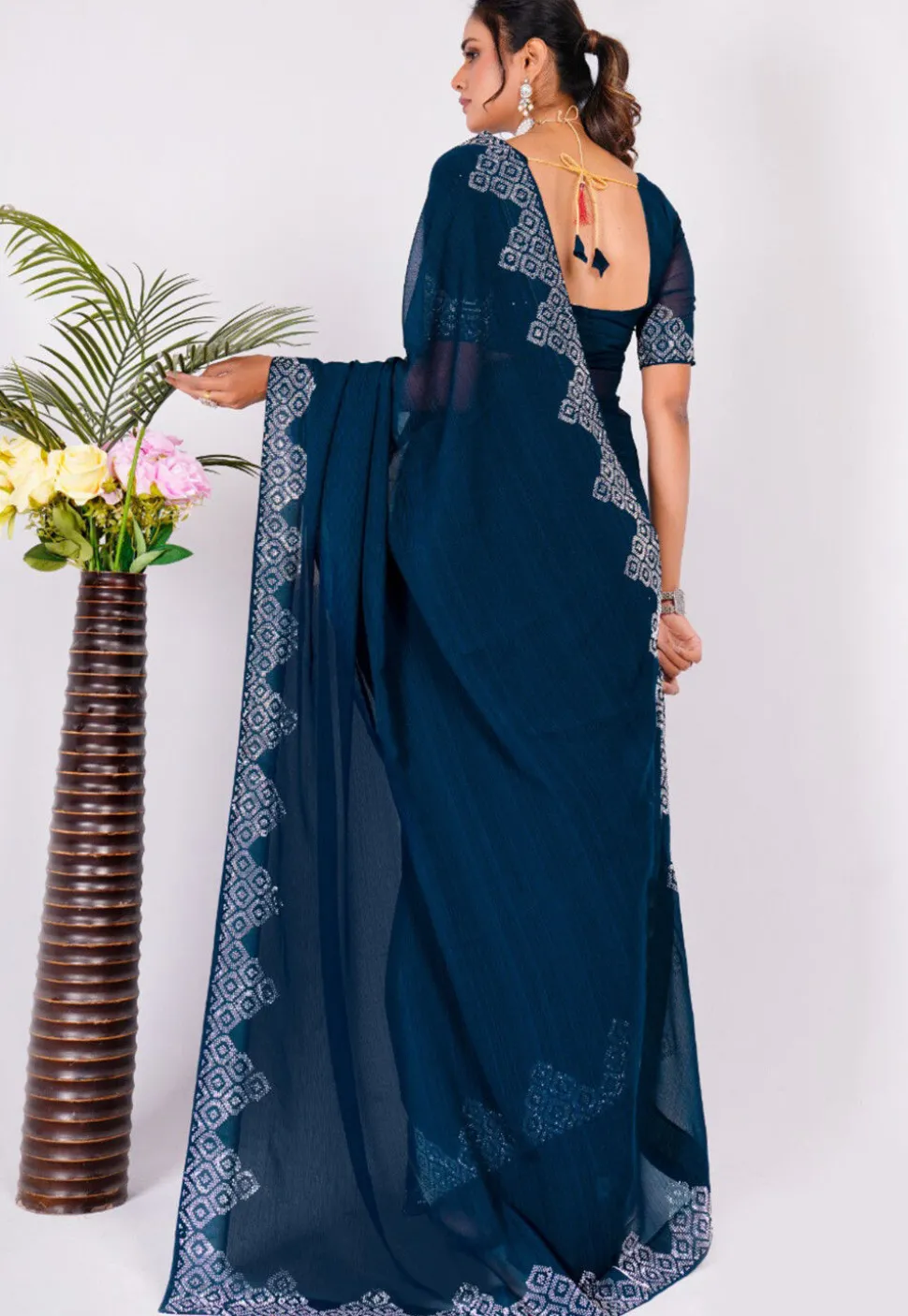 Embellished Chiffon Saree in Navy Blue