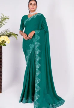Embellished Chiffon Saree in Teal Blue