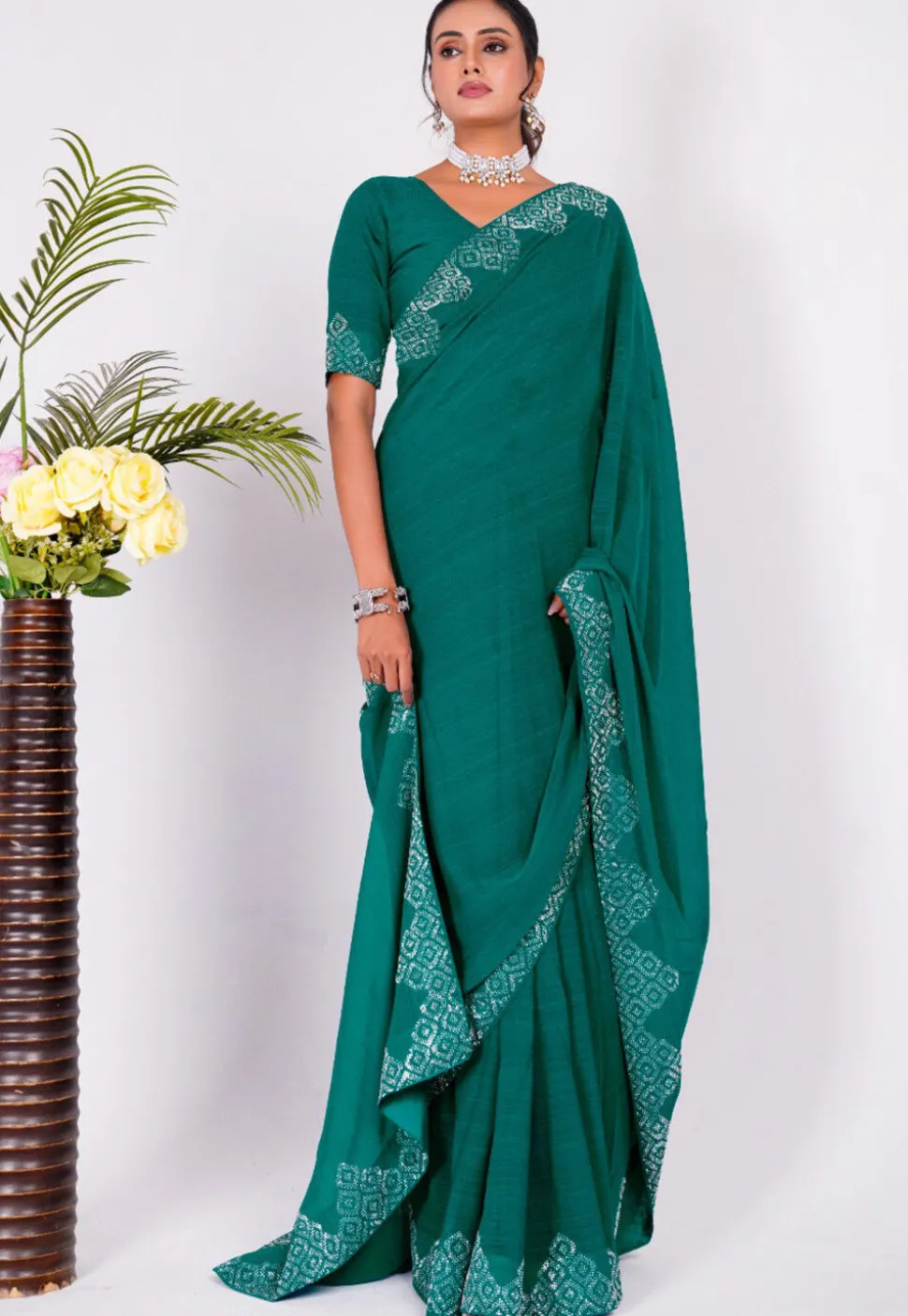 Embellished Chiffon Saree in Teal Blue