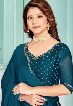 Embellished Chiffon Saree in Teal Blue