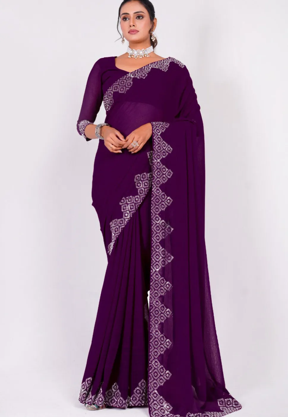 Embellished Chiffon Saree in Wine