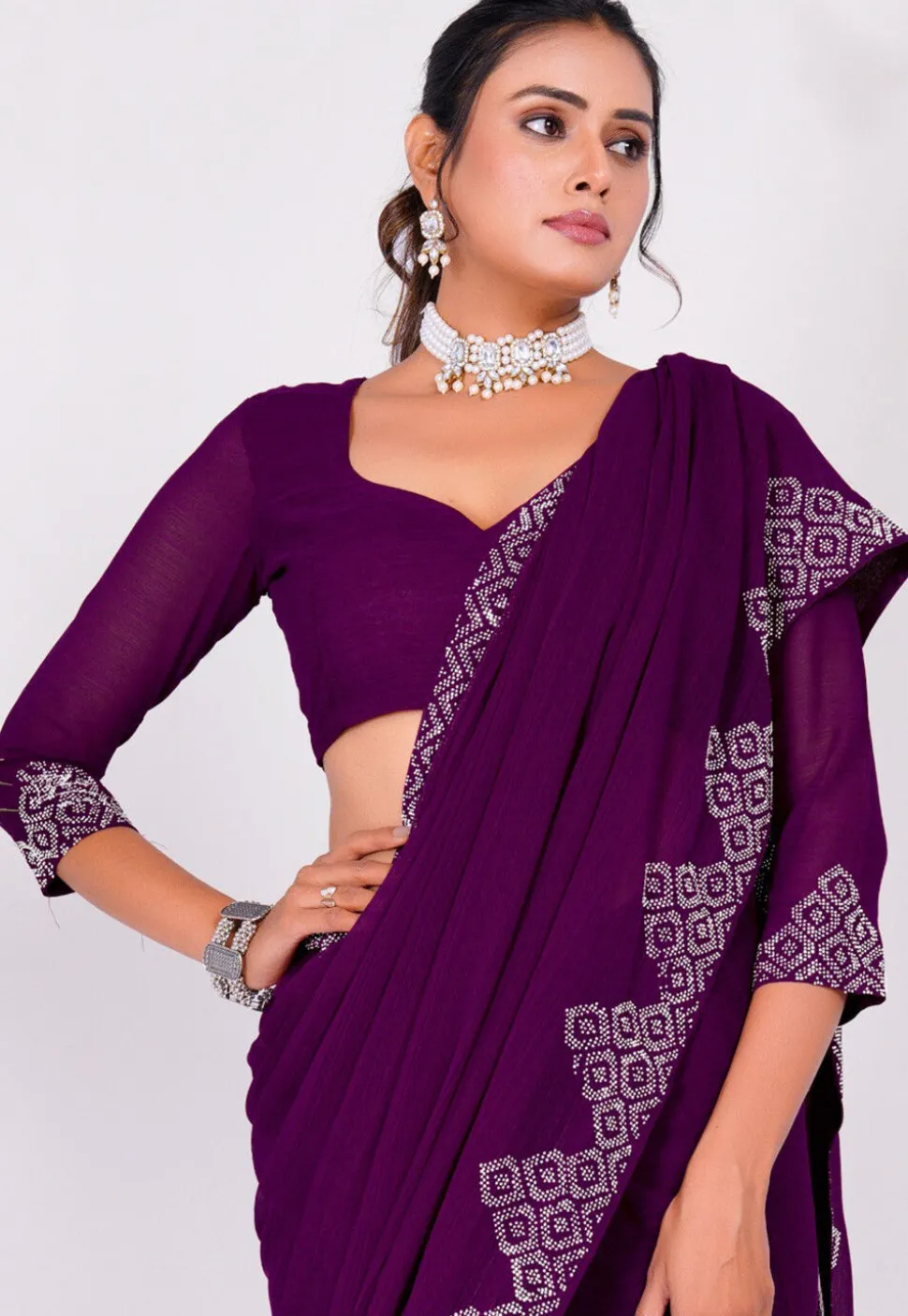 Embellished Chiffon Saree in Wine