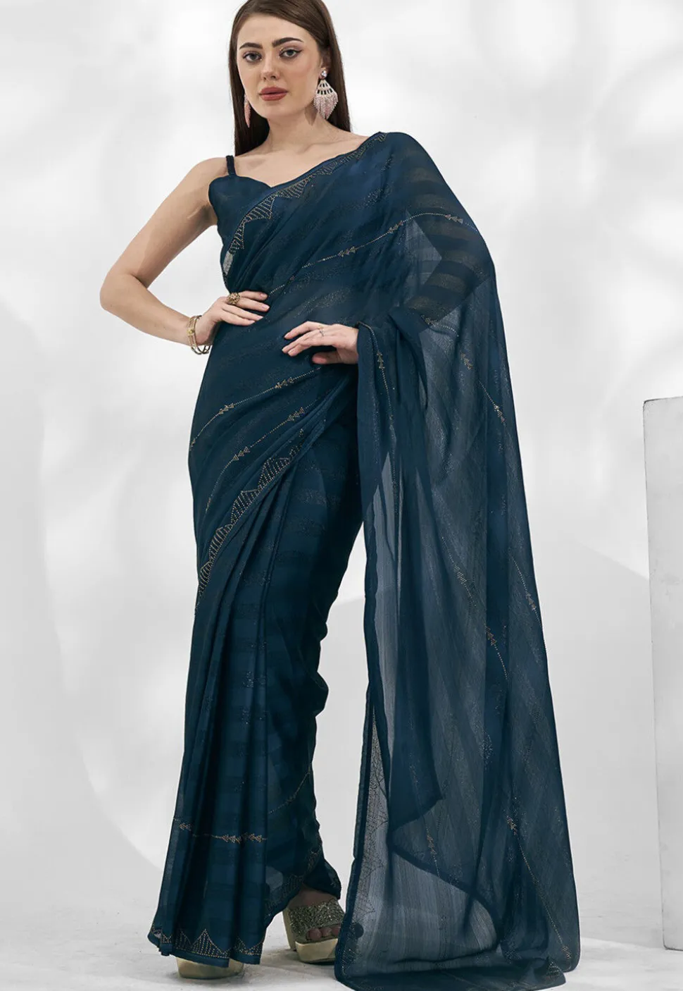 Embellished Chiffon Saree in Teal Blue