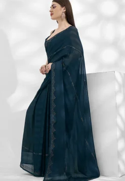 Embellished Chiffon Saree in Teal Blue