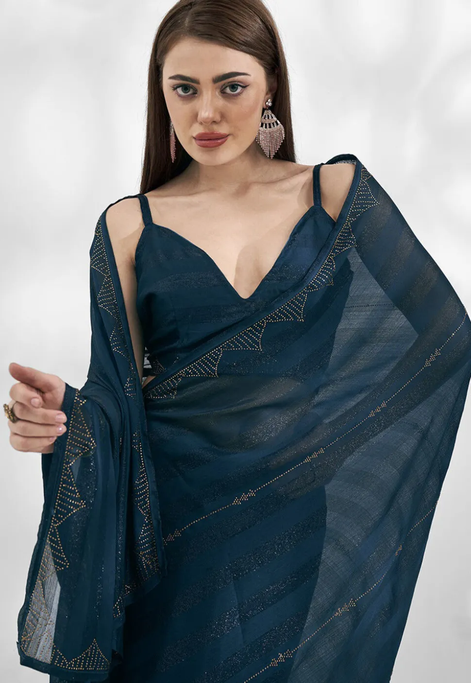 Embellished Chiffon Saree in Teal Blue