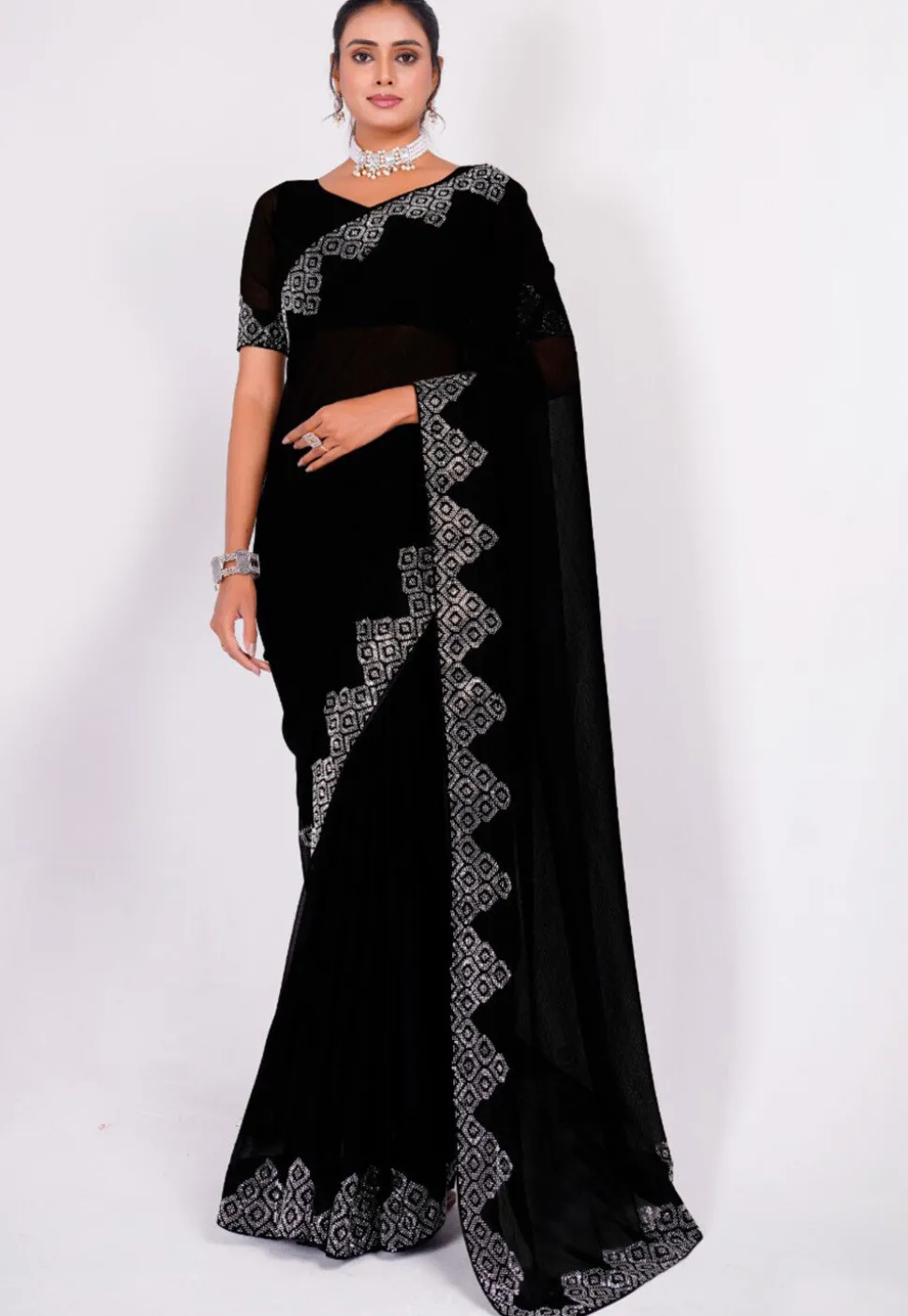 Embellished Chiffon Saree in Black