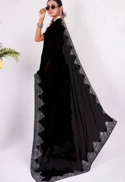 Embellished Chiffon Saree in Black