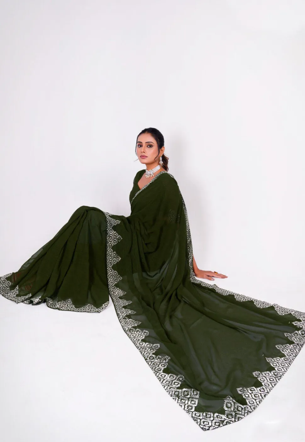 Embellished Chiffon Saree in Dark Green