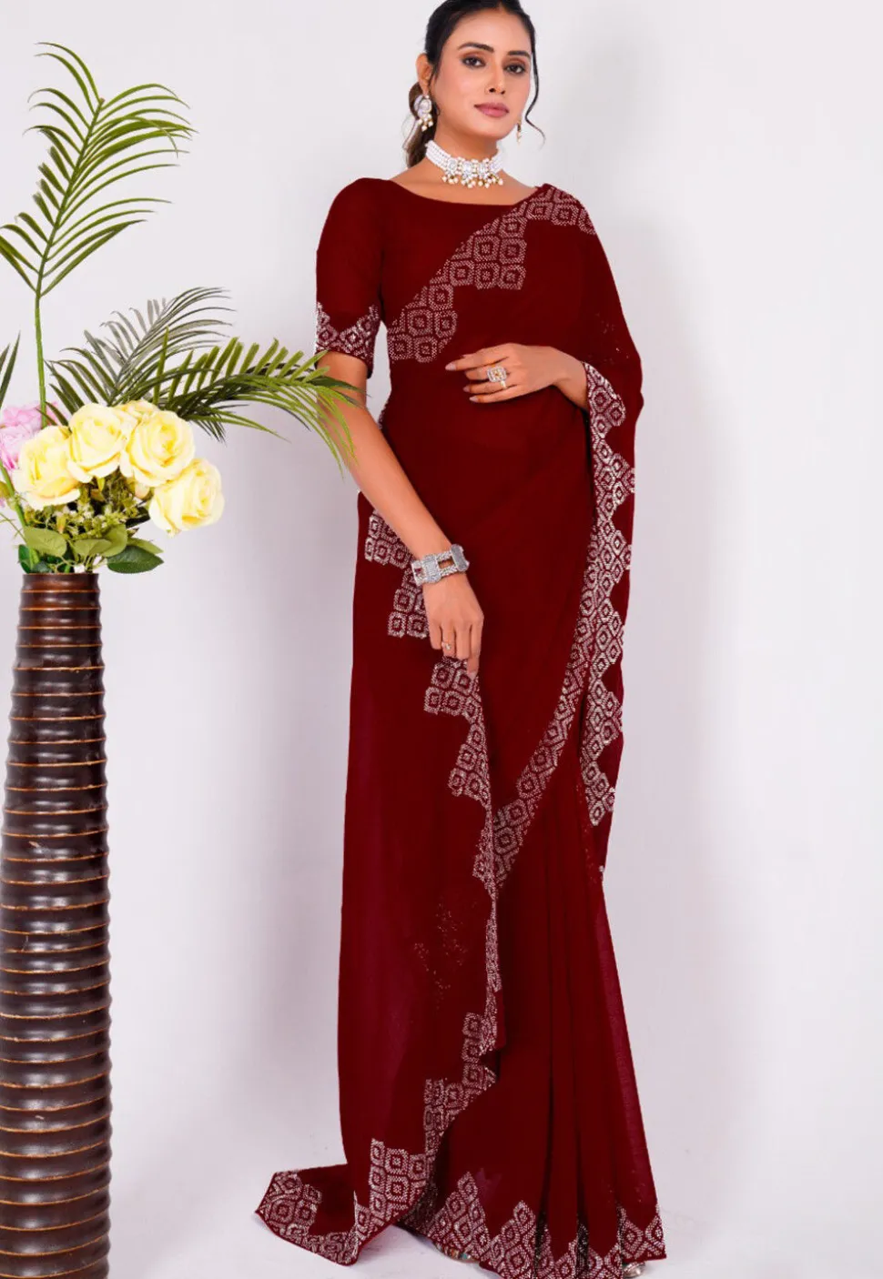 Embellished Chiffon Saree in Maroon