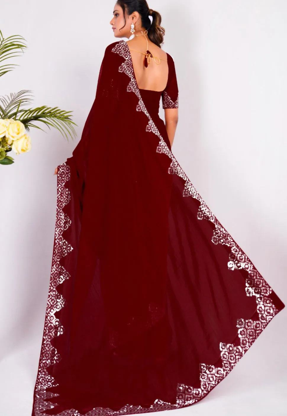 Embellished Chiffon Saree in Maroon