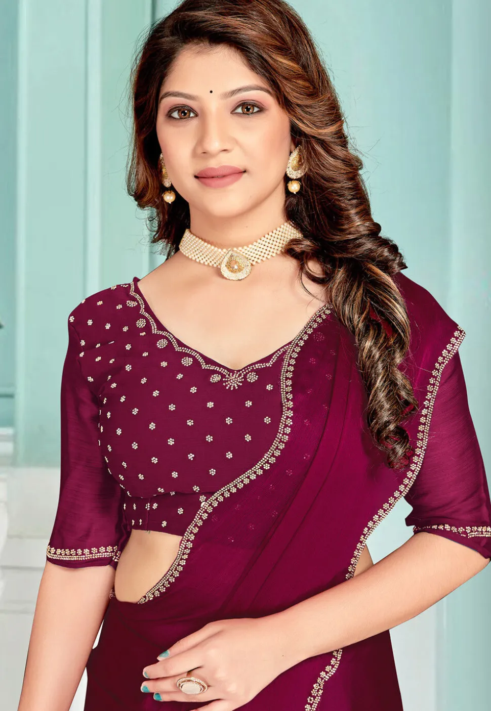 Embellished Chiffon Saree in Purple