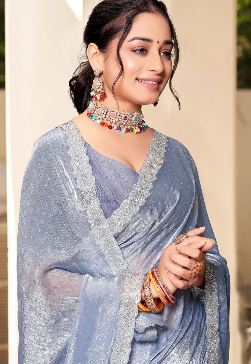 Embellished Chiffon Shimmer Saree in Pastel Blue