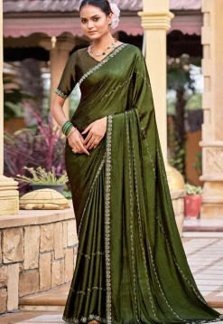 Embellished Chiffon Shimmer Saree in Olive Green