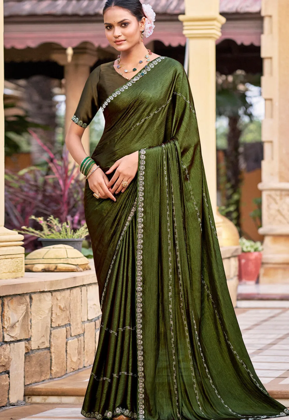 Embellished Chiffon Shimmer Saree in Olive Green