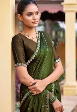 Embellished Chiffon Shimmer Saree in Olive Green