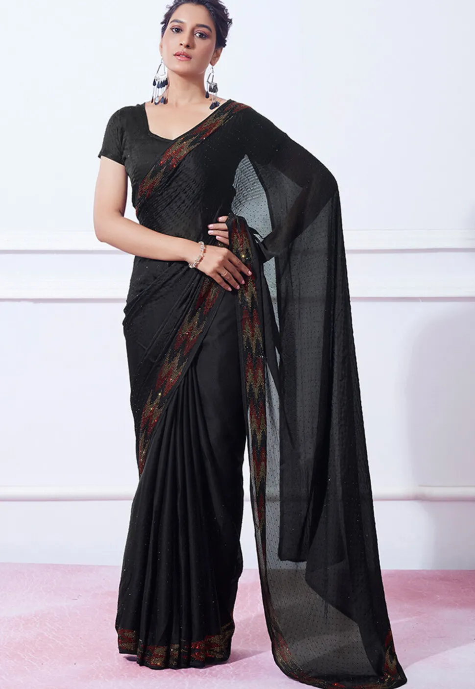 Embellished Chinon Chiffon Saree in Black