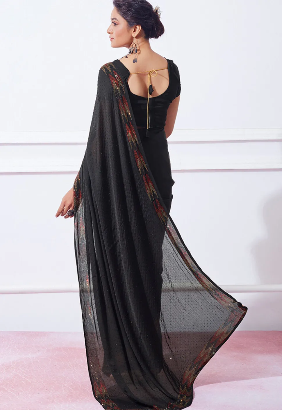 Embellished Chinon Chiffon Saree in Black