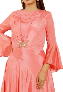 Embellished Chinon Crepe Asymmetric Dress in Peach