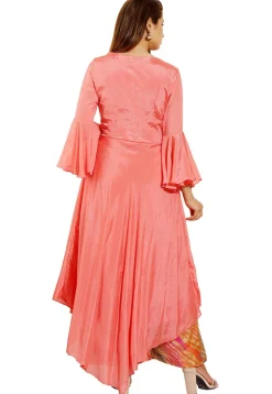 Embellished Chinon Crepe Asymmetric Dress in Peach