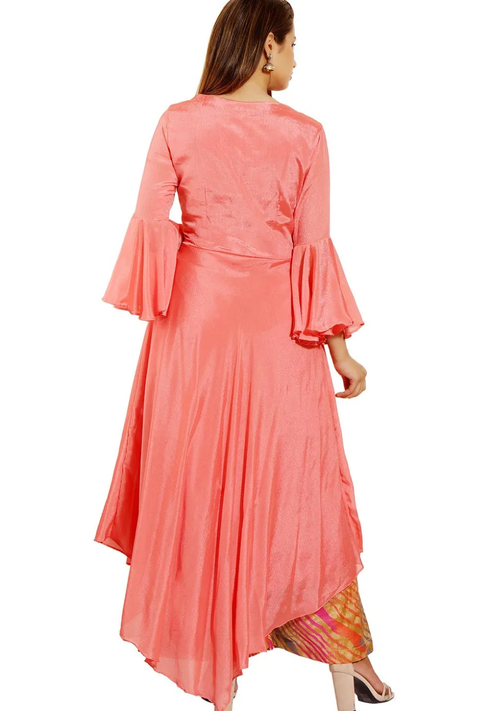 Embellished Chinon Crepe Asymmetric Dress in Peach