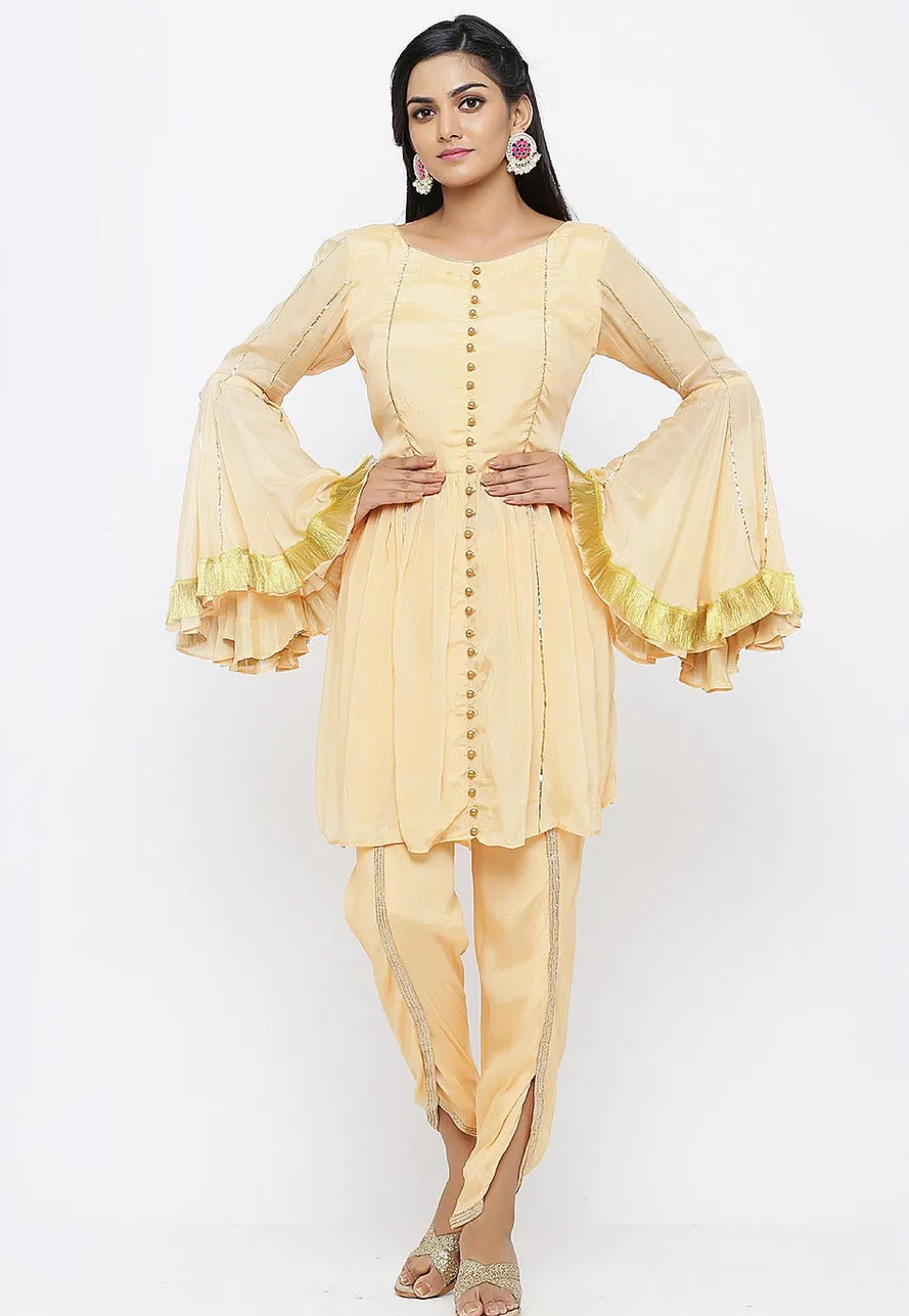 Embellished Chinon Crepe A Line Kurti in Peach