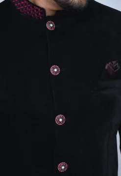 Embellished Collar Velvet Jodhpuri Set in Black