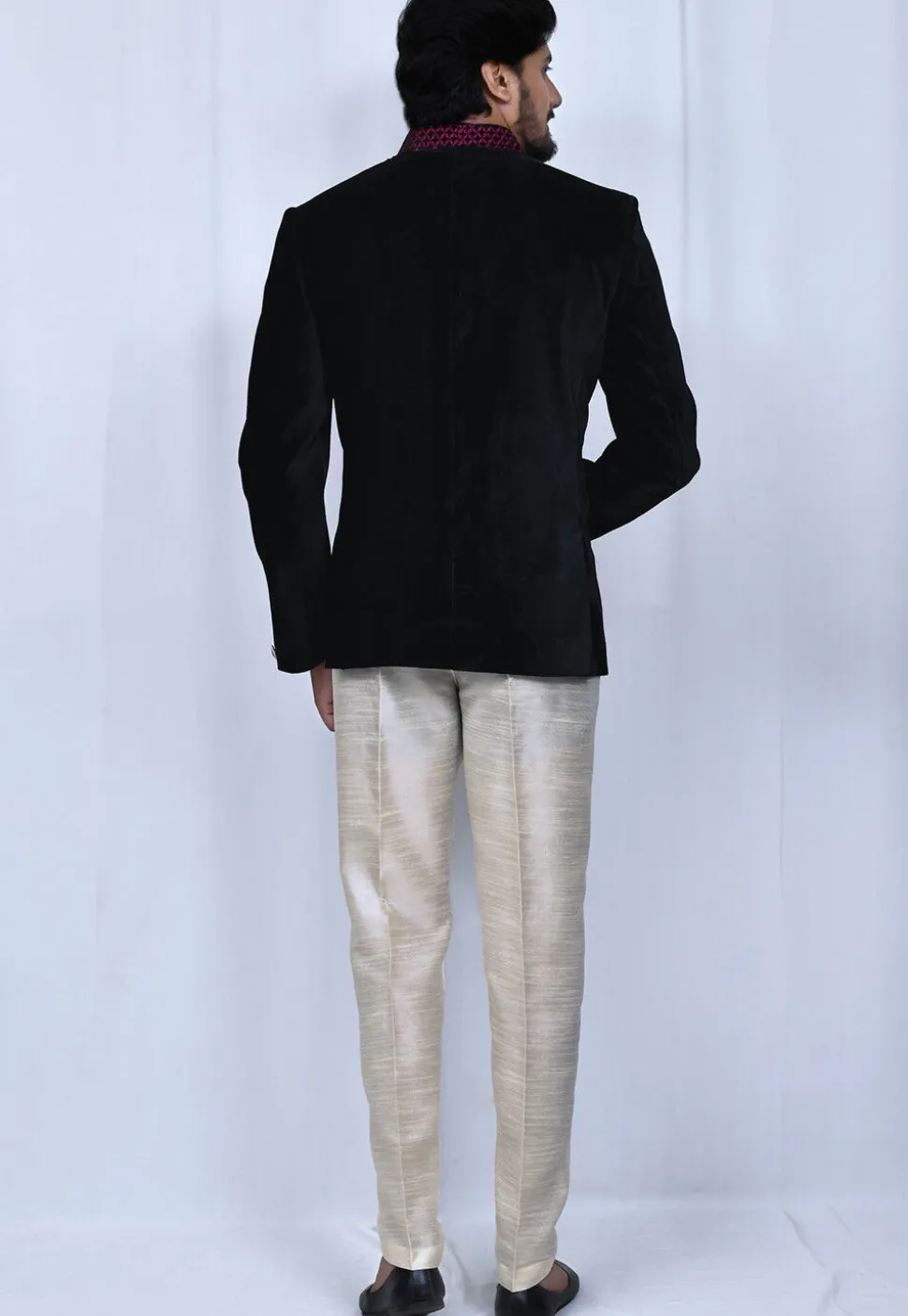 Embellished Collar Velvet Jodhpuri Set in Black