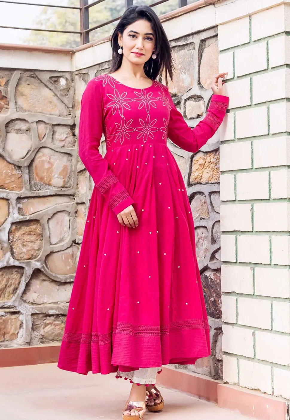 Embellished Cotton A Line Kurta Set in Fuchsia