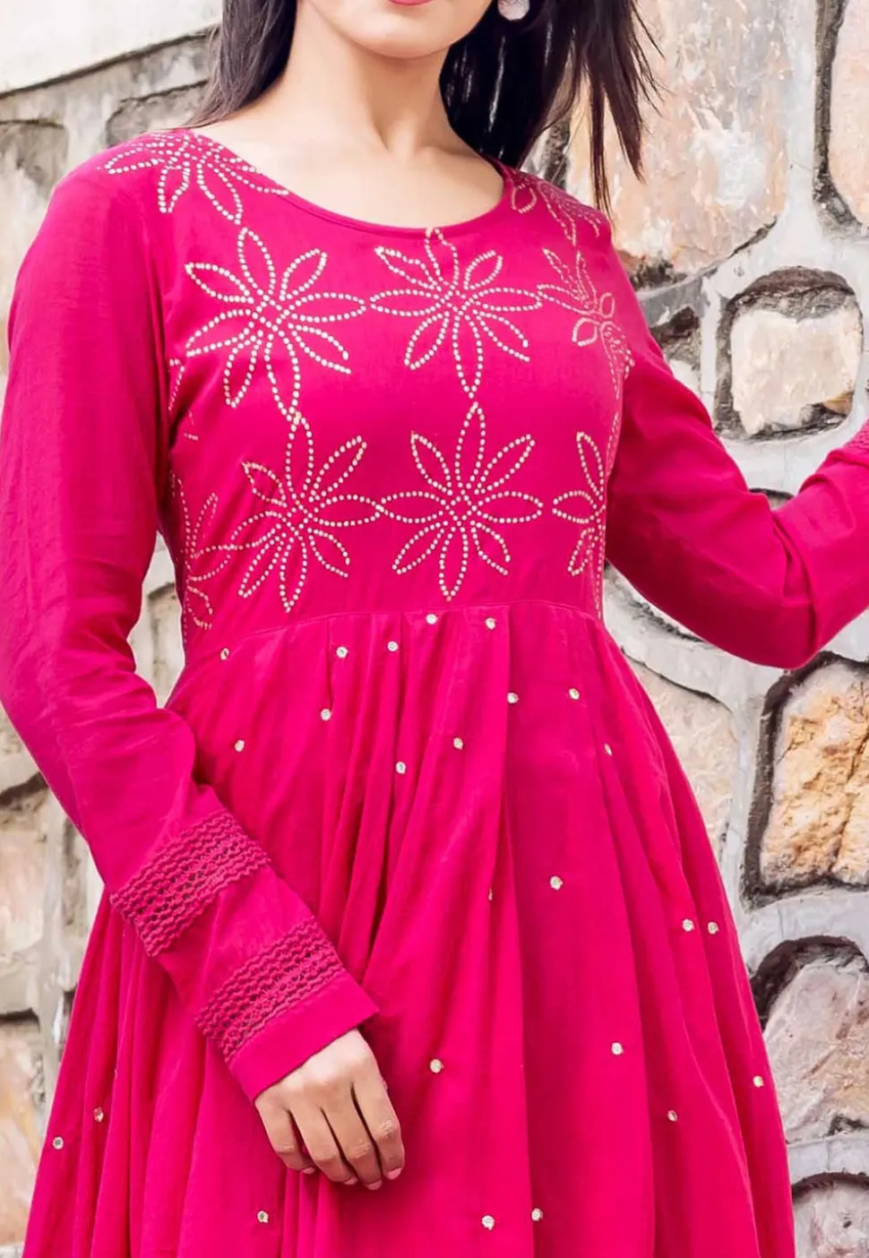 Embellished Cotton A Line Kurta Set in Fuchsia