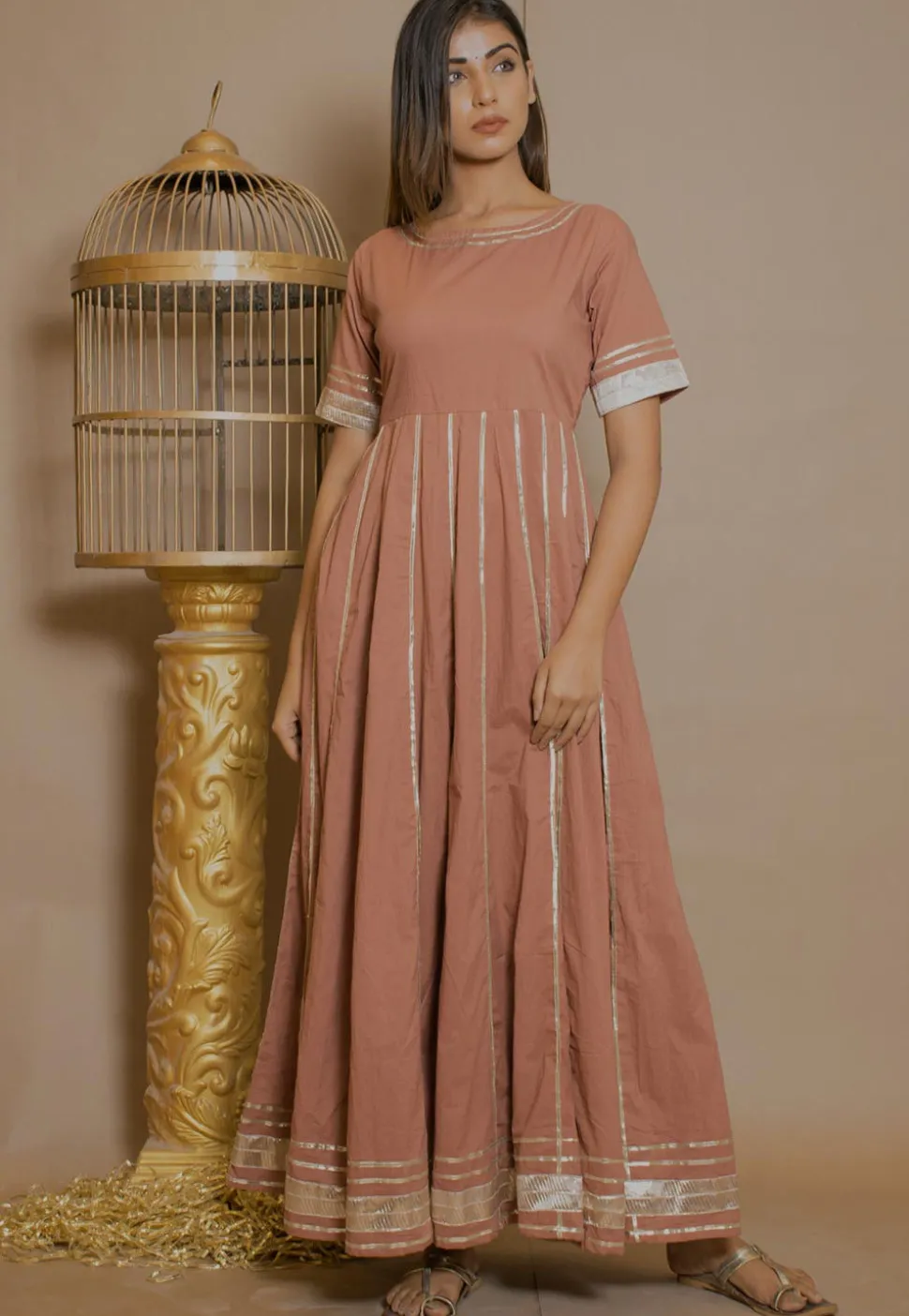 Embellished Cotton Anarkali Kurta in Peach