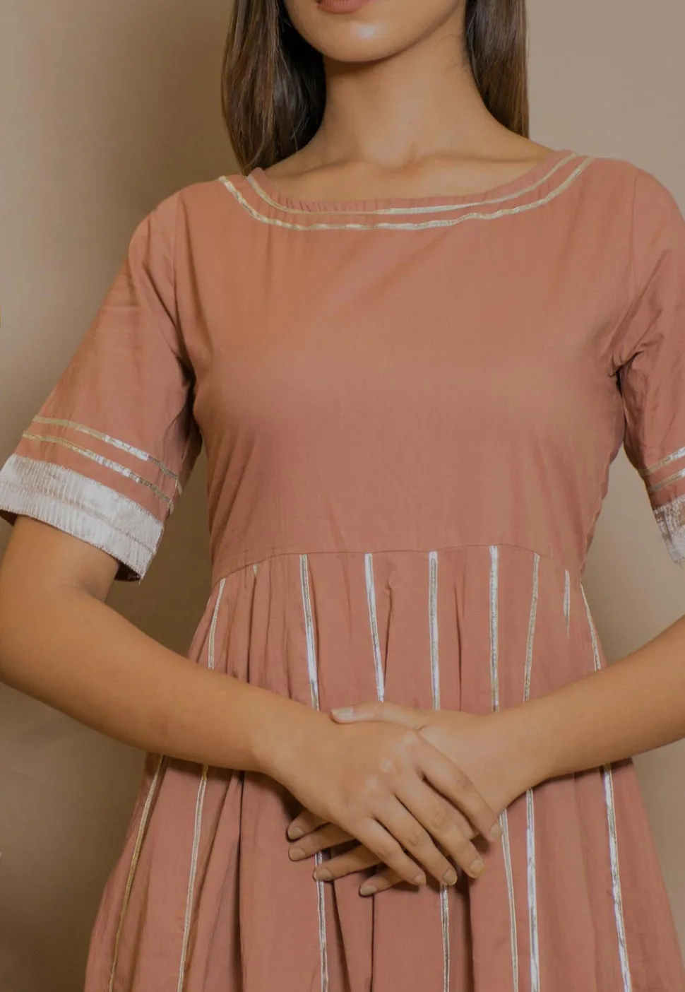 Embellished Cotton Anarkali Kurta in Peach