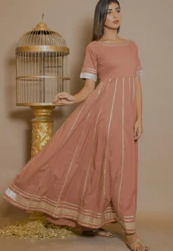 Embellished Cotton Anarkali Kurta in Peach