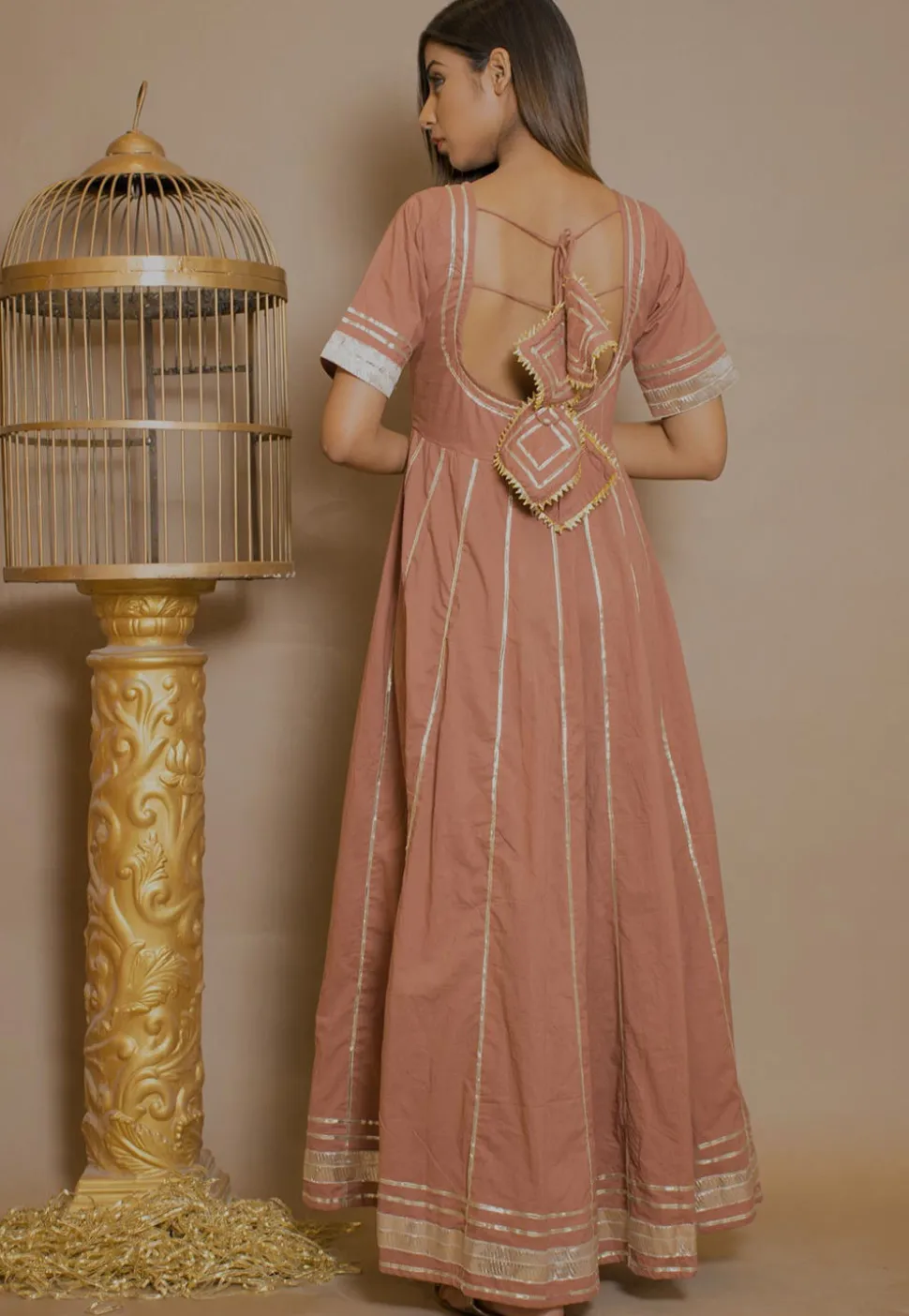 Embellished Cotton Anarkali Kurta in Peach