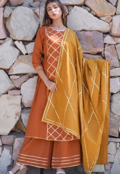 Embellished Cotton Pakistani Suit in Brown