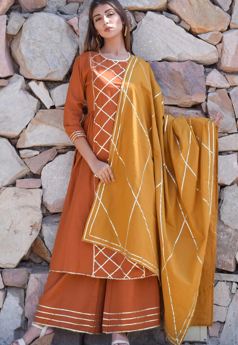Embellished Cotton Pakistani Suit in Brown