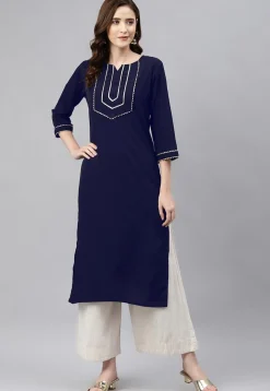 Embellished Cotton Rayon Straight Kurta in Navy Blue