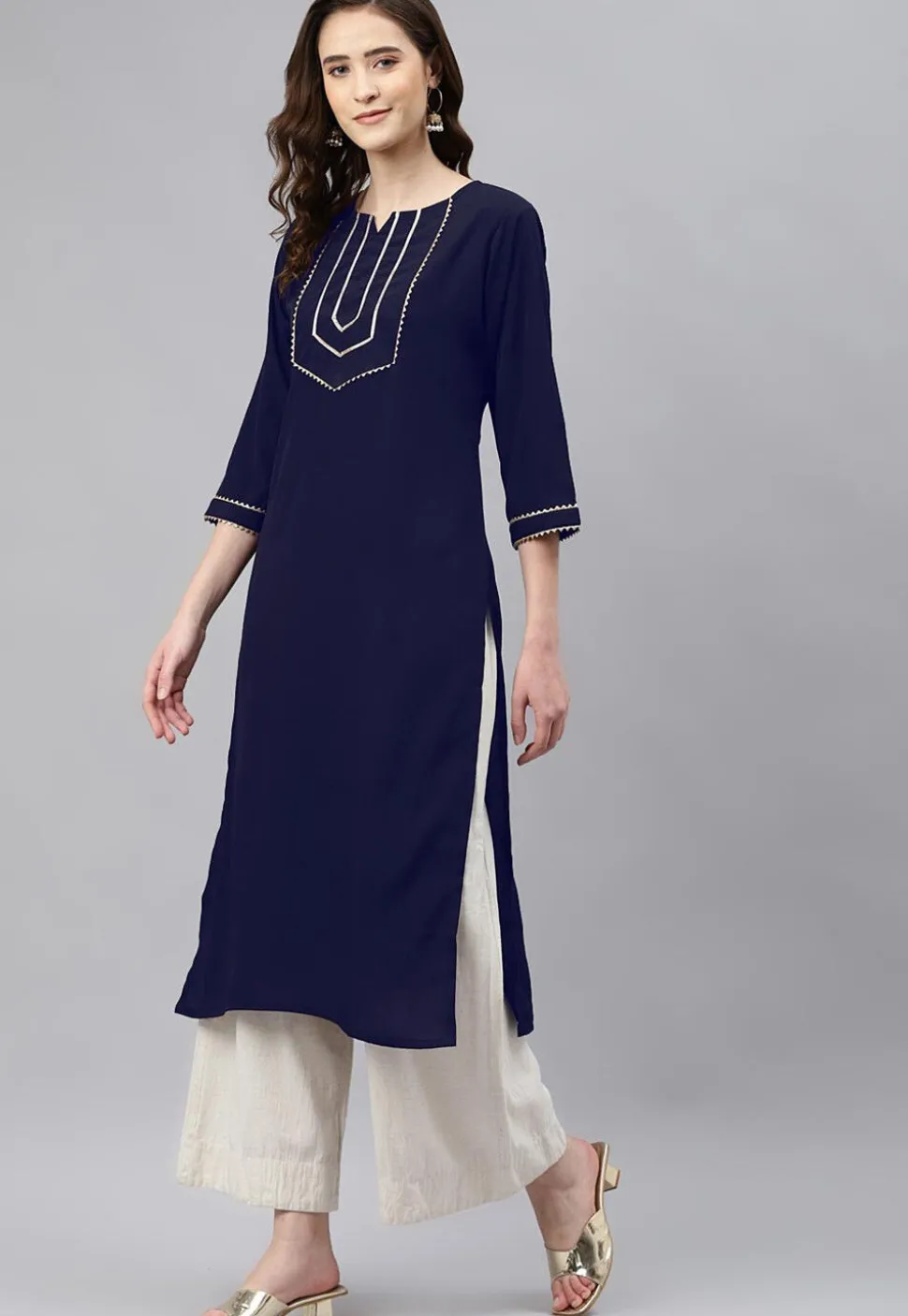 Embellished Cotton Rayon Straight Kurta in Navy Blue