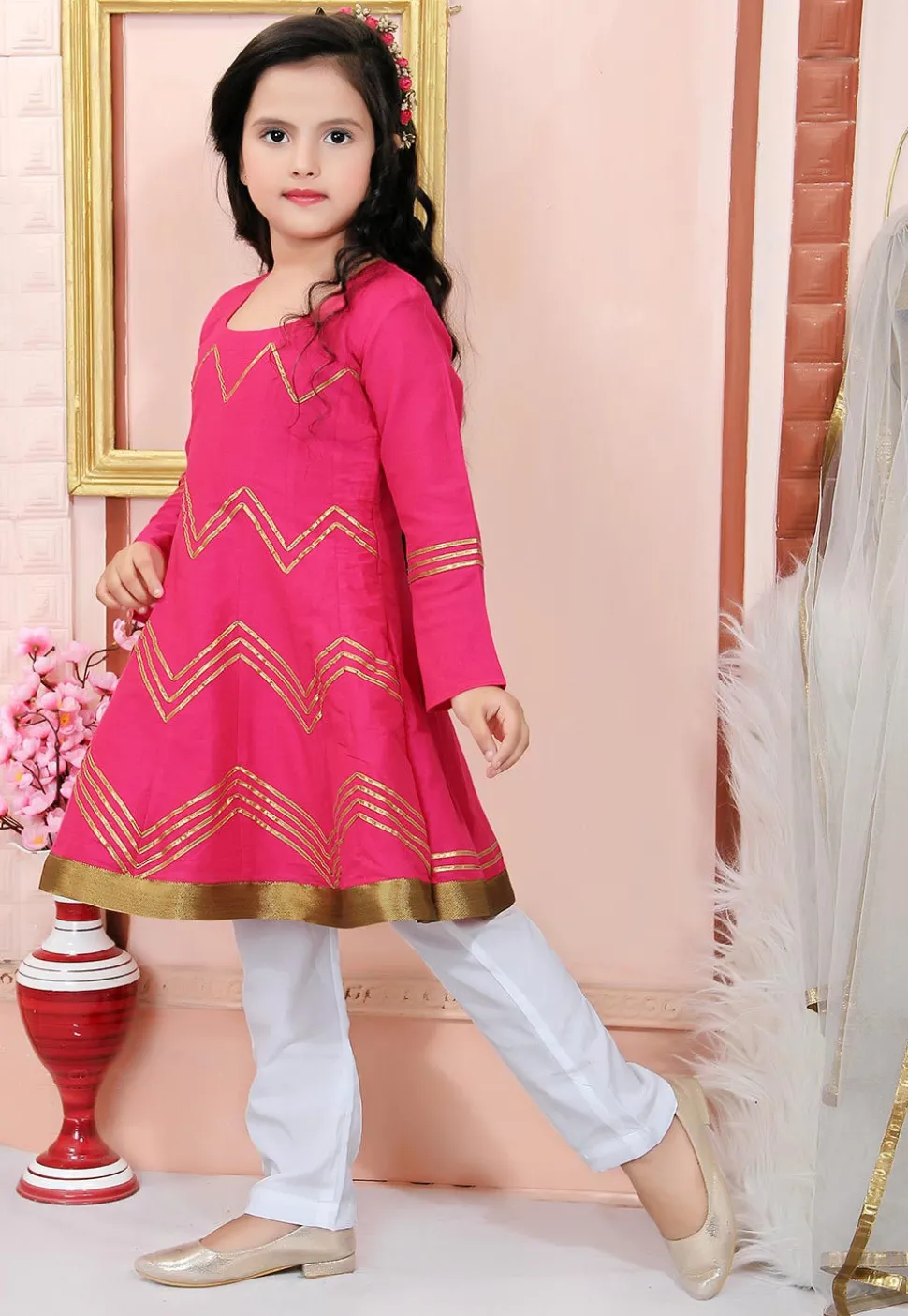 Embellished Cotton Silk Anarkali Suit in Fuchsia