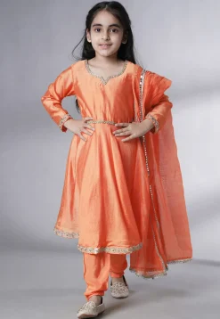 Embellished Cotton Silk A Line Suit in Peach
